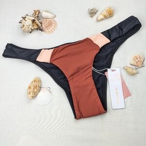 PilyQ Color Block Burnt Orange Peach BlackTeeny Cheeky Bikini Bottom
